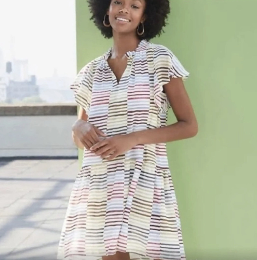 LOFT Dress Womens Medium Multicolor Striped V-Neck Flutter Sleeve Short Shift